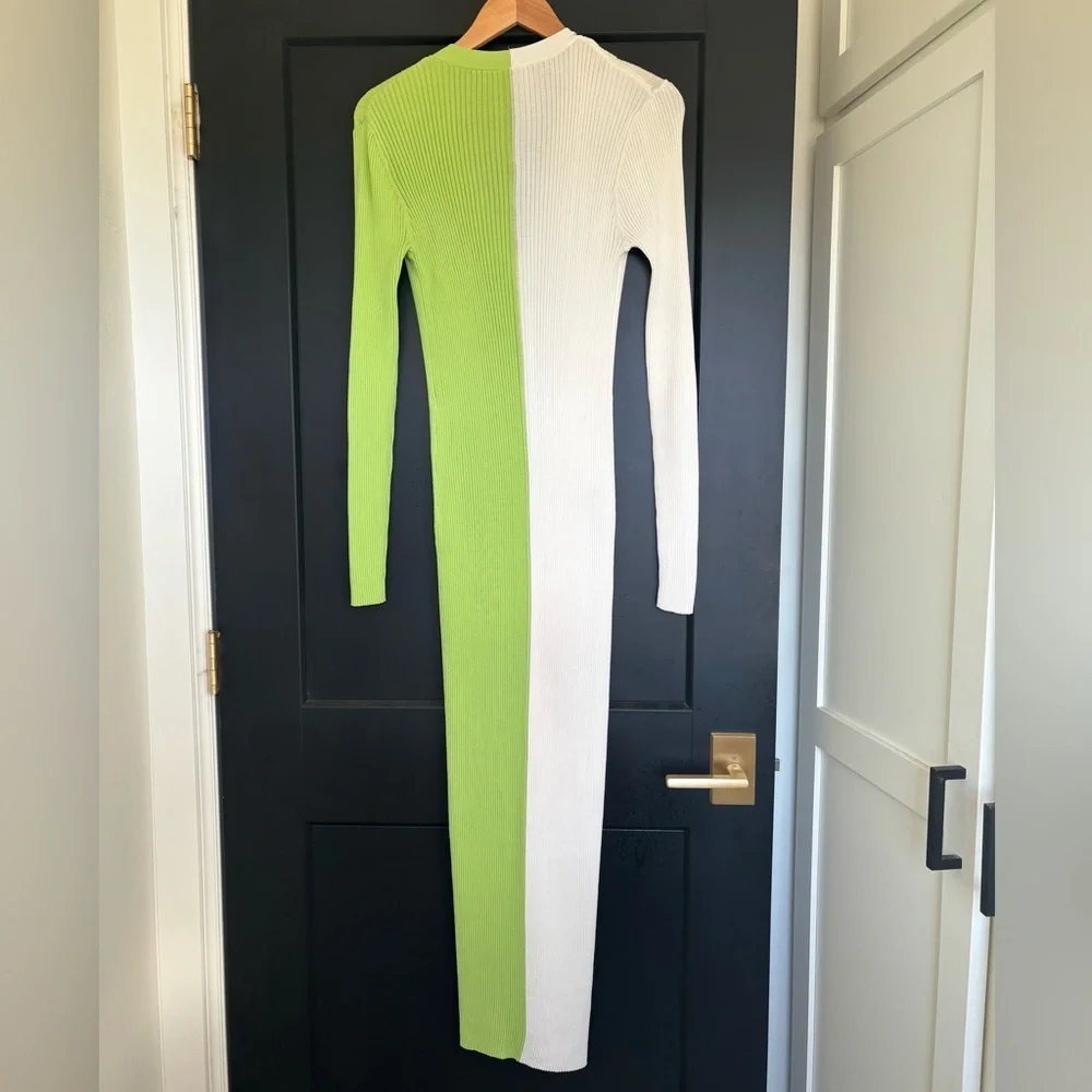 STAUD Shoko Colorblock Knit Dress Lime Green White Size Large Stretch Midi - Picture 5 of 7